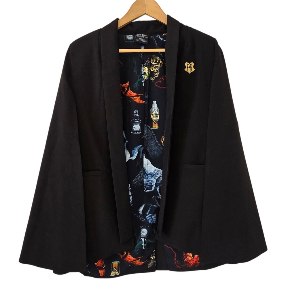 Harry Potter Hogwarts Blazer Cape Womens S Black Crest Printed Lining Jacket
